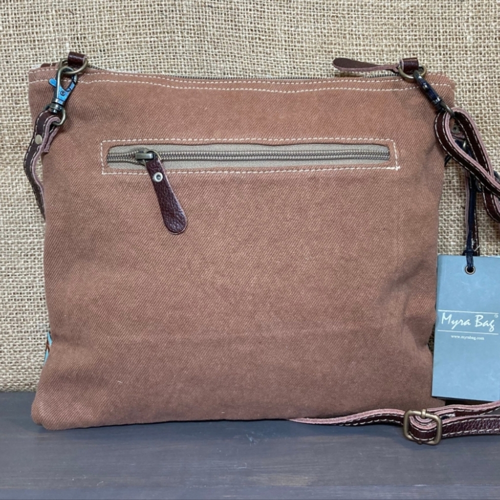 Myra Bag Brown Hair-on Cowhide and Turquoise Tooled Leather Shoulder Bag - Picture 8 of 11